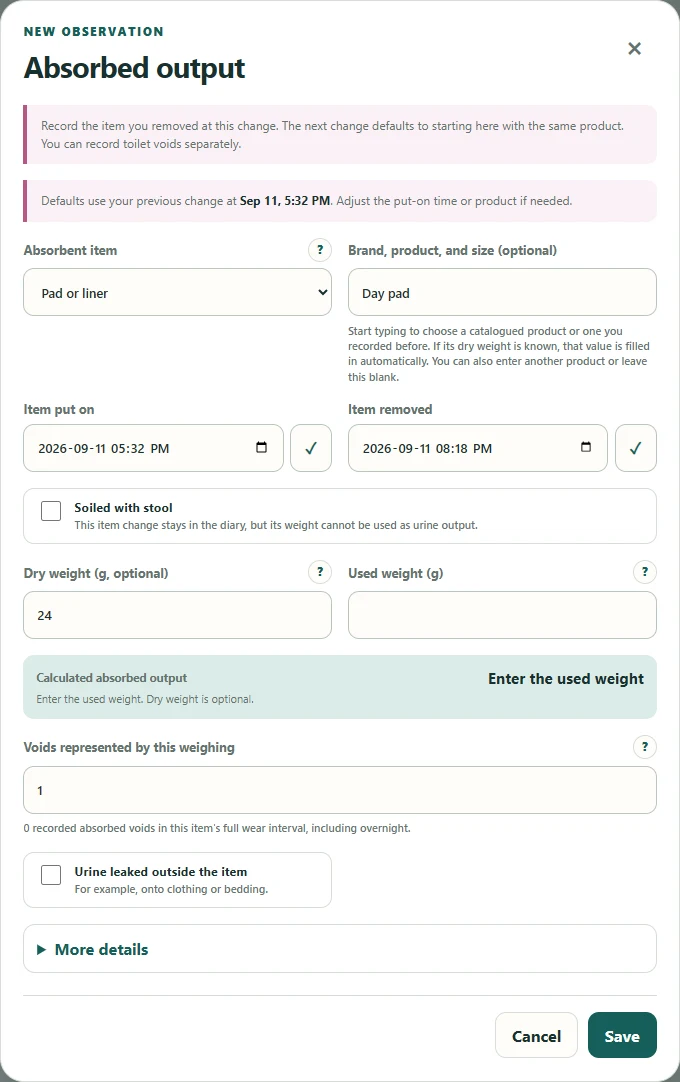 Absorbed-output entry form with dry and used weights.
