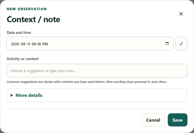 Context entry form for activities and observations.