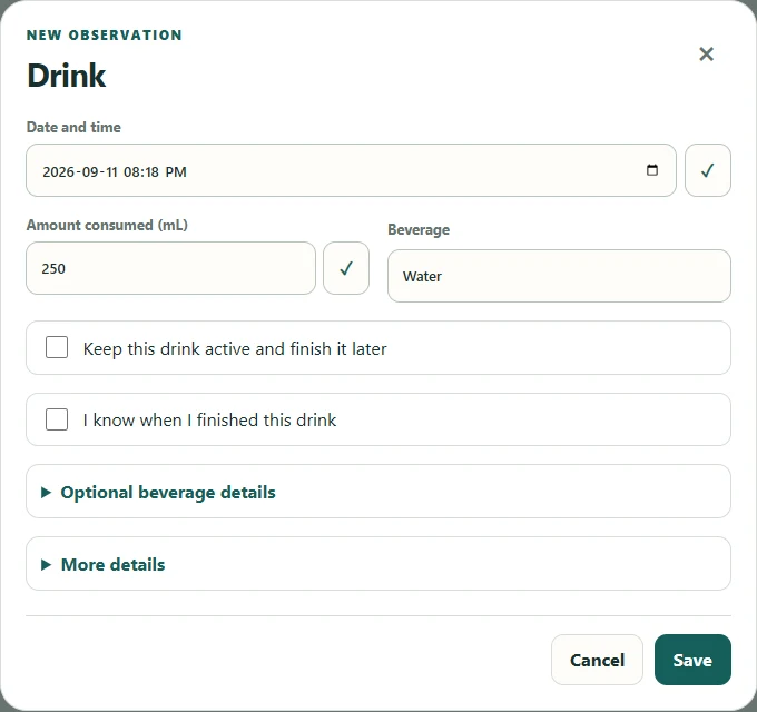 Drink entry form with amount, beverage, and editable start and finish times.