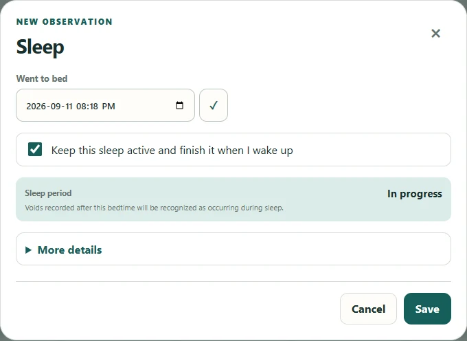 Sleep entry form with bedtime and wake-up time.