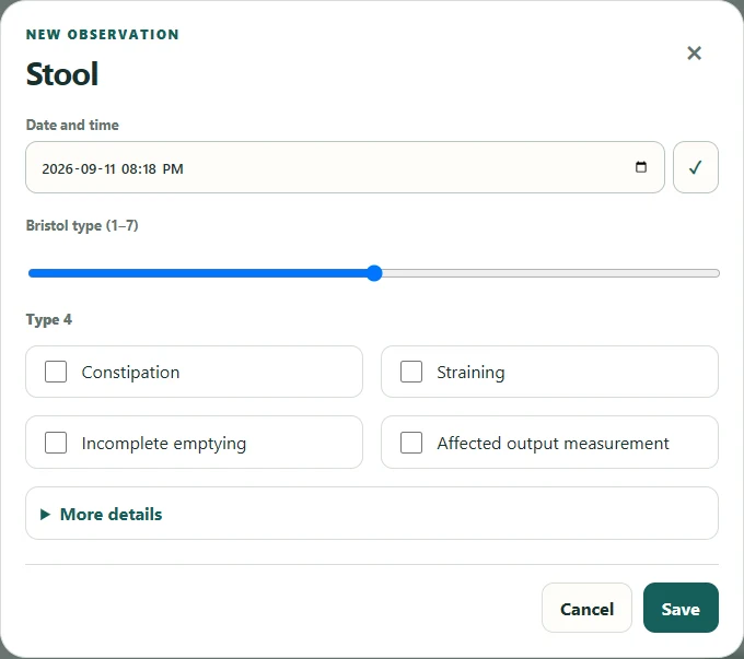 Optional stool entry form with Bristol type and symptoms.