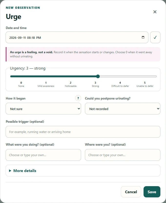 Urge entry form with severity and how the feeling changes.